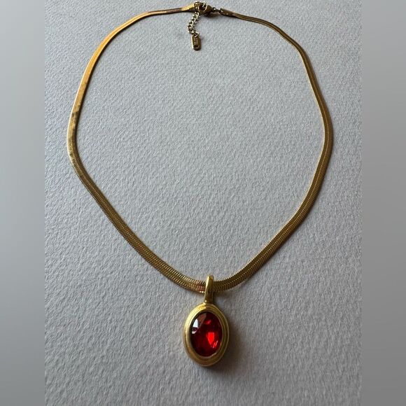 Gold Necklace with Red Gem Pendant M509 - Picture 3 of 4
